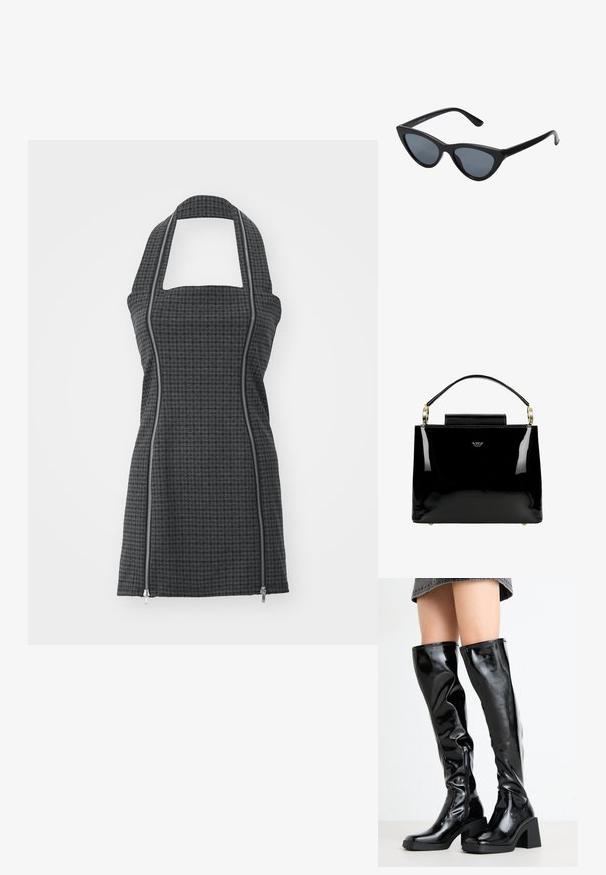 Tablier noir et gris à motifs avec col halter, encolure carrée, détails de fermeture éclair à l'avant et coupe ajustée. Fabriqué en tissu texturé.; Bottes noires, brillantes, montantes jusqu'aux genoux, avec un bout carré et un talon épais. Présentent une fermeture éclair latérale et un design ajusté en texture.; Lunettes de soleil noires en forme d'œil de chat avec des verres gris foncé, monture en plastique élégante, coins pointus et branches droites. Pas de métal visible ni d'accents.; Sac à main en cuir verni noir avec un design structuré, comportant une poignée supérieure, des accents en métal doré et un petit rabat à l'avant.
