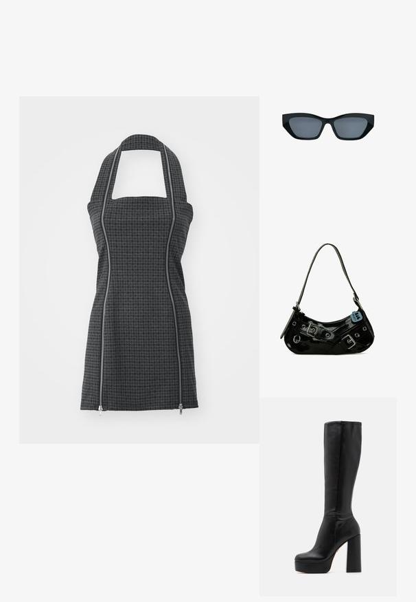 Tablier noir et gris à motifs avec col halter, encolure carrée, détails de fermeture éclair à l'avant et coupe ajustée. Fabriqué en tissu texturé.; Bottes noires montantes en cuir lisse avec une finition texturée, dotées d'un talon bloc haut et d'un design à bout rond.; Lunettes de soleil noires style œil de chat avec des montures épaisses et des verres teintés foncés, présentées sur fond blanc.; Sac à main en cuir verni noir avec une forme incurvée, présentant des ferrures en argent, des boucles décoratives et une bandoulière courte. Étiquette bleue attachée.