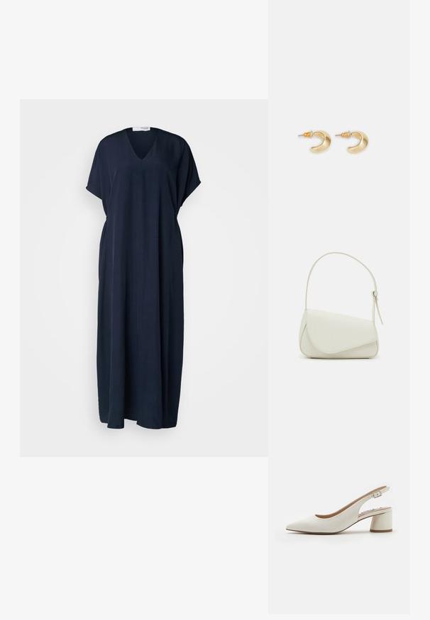 Vestido de longitud hasta la rodilla en azul marino, hecho de tela suave, con escote en V, mangas cortas y un corte holgado con aberturas laterales.; Zapato de tacón destalonado de cuero blanco con punta afilada, tacón bloque de altura media y correa ajustable. Textura suave; diseño minimalista.; Bolso de mano de imitación cuero blanco con una forma triangular estructurada, correa ajustable única y cierre con solapa acentuada en curva.; Pendientes en forma de media luna de oro con un acabado suave, que presentan acentos naranjas cerca del pasador y herrajes de plata.