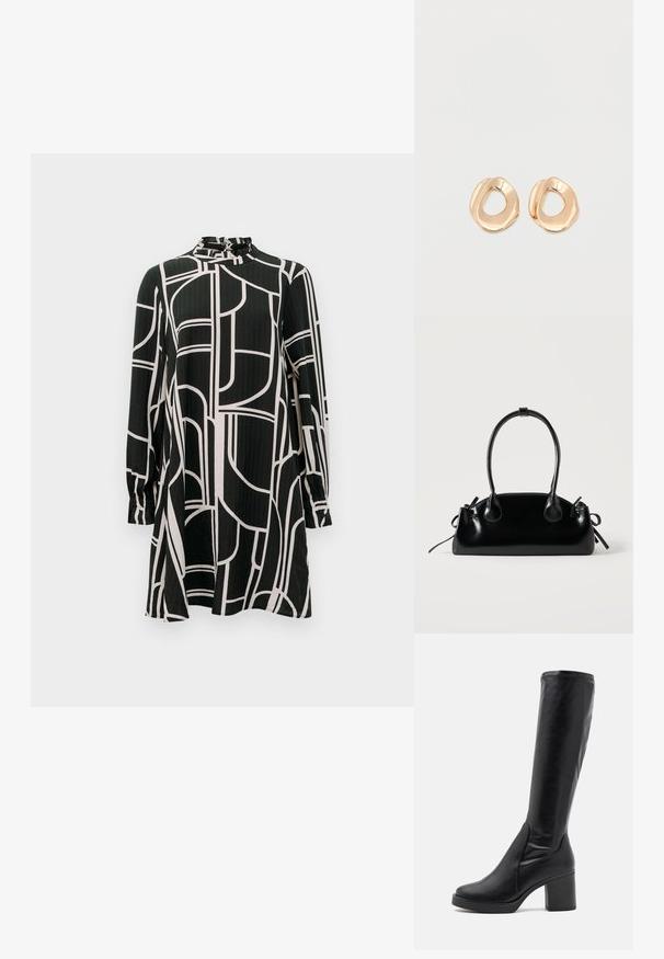 Robe noire à manches longues avec des lignes géométriques abstraites blanches, col haut avec un petit volant et une légère silhouette en A.; Bottes noires montantes en cuir lisse avec un large talon et un bout arrondi. Présente un design sans couture et des accents de couture discrets.; Petit sac à main noir brillant avec deux longues anses et des détails à cordon sur les côtés sur un fond clair uni.; Paired boucles d'oreilles en métal doré poli de forme irrégulière avec un centre ouvert sur un fond blanc uni.