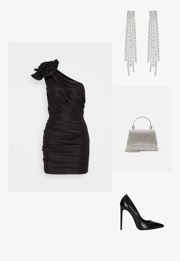 Schwarzes One-Shoulder-Kleid mit einer Rosetten-Applikation, aus glattem Stoff gefertigt. Verfügt über ein eng anliegendes, gerafftes Design mit einem kurzen Saum.; Schwarze Leder-Pumps mit hohen Absätzen, spitzer Zehenform und glatter Oberfläche. Verfügt über eine elegante Silhouette und einen Stiletto-Absatz.; ALDO FELISIA - Handtasche - silver-coloured; Lange silberne Ohrringe mit einer Vielzahl von klaren, facettierten Kristallen in kaskadierenden Strängen unterschiedlicher Längen und Formen.