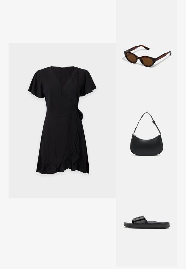 Vestido corto negro tipo wrap con mangas cortas, escote en V, cinturón de lazo en la cintura y bajo con volantes sobre un fondo claro y liso.; Chancla negra con una correa ancha, hebilla ajustable, suela plana y textura mate suave. Diseño simple sin patrones adicionales.; Gafas de sol de carey marrón con una forma vintage de ojo de gato y lentes marrones. Presentan brazos curvados con acentos rojos.; Pieces PCALUANA SHOULDER BAG - Bolso de mano - black