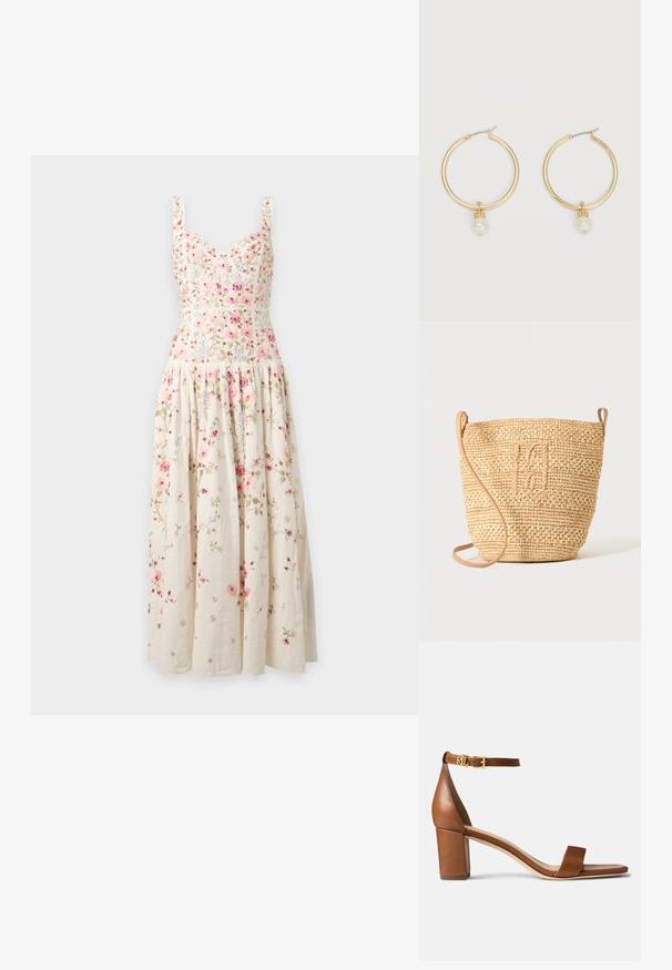Crèmewitte mouwloze midi-jurk met roze bloemenprint, aansluitend lijfje, sweetheart halslijn en geplooide, vloeiende rok.; Lauren Ralph Lauren LOGAN BURNISHED LEATHER SANDAL - Sandalen - deep saddle tan; Gevlochten strooien bucket bag met een gestructureerd patroon en leren riem, rechtopstaand weergegeven op een egale lichte achtergrond.; Gouden oorringen in de vorm van een ring, elk met een enkele hangende witte parel en een klein detail van strasssteentjes op een lichte achtergrond.