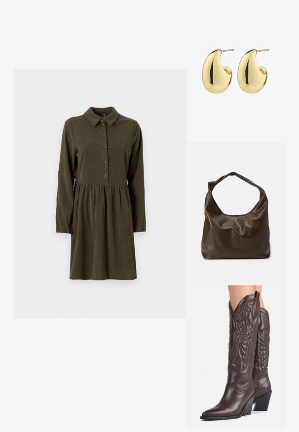 Olijfgroene corduroy jurk met lange mouwen, knoopsluiting aan de voorkant, puntkraag en een uitlopende rok. Bevat een subtiele verticale ribbelstructuur.; Donkerbruine leren cowboylaarzen tot over de knie met puntige neuzen, decoratieve stiksels en schuine blokhakken gedragen door een persoon.; Bruine gevlochten leren tas met een nonchalante vorm, een enkele handgreep en een textuur oppervlak. Heeft een zachte, glanzende afwerking en afgeronde randen.; Gouden studs met een gladde, gepolijste afwerking, in een abstracte, druppelvorm. Eenvoudige metalen achterzijde voor bevestiging.