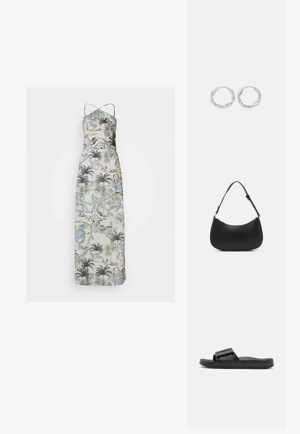 Maxikjole med tynde stropper, fremstillet af et lyst stof prydet med et botanisk og landskabsprint i pastelfarver.; Sort sklidesandal med bred rem, justerbart spænde, flad sål og glat mat tekstur. Enkel design uden ekstra mønstre.; Pieces PCALUANA SHOULDER BAG - Håndtasker - black; Sølv hoops med en bølget, uregelmæssig tekstur. Har en tynd, cirkulær form og en reflekterende finish.