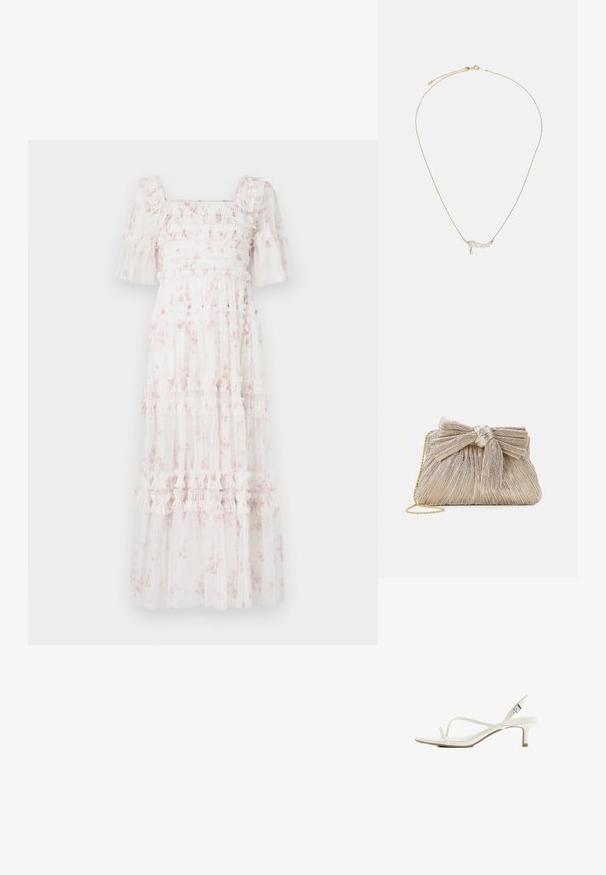 Robe midi blanche à motifs floraux roses, corsage smocké, manches volantes et jupe à volants superposés avec fronces horizontales et texture transparente.; Sandale blanche à brides fines, bout ouvert, talon fin, boucle d’orteil et bride de cheville réglable avec boucle argentée.; Pochette en or métallisé avec tissu plissé, dotée d'un nœud en haut et d'une bandoulière en chaîne dorée pour une polyvalence et une facilité de transport.; Collier en chaîne dorée avec quatre perles blanches et un petit accent en cristal suspendu, conçu avec une esthétique délicate et minimaliste.