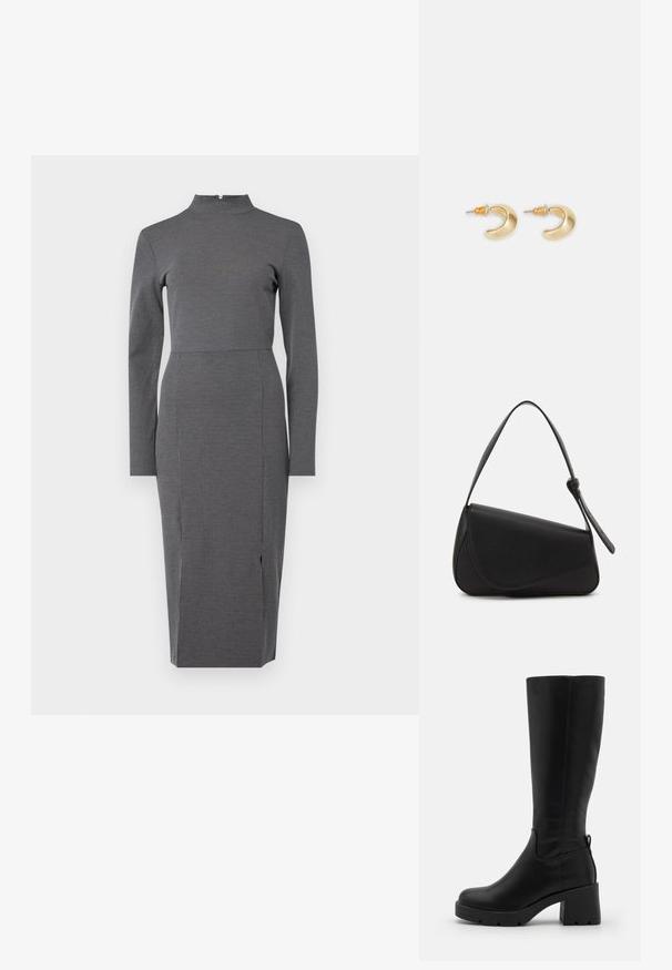 Graues, langärmliges Kleid mit hohem Kragen, tailliertem Oberteil und einem Schlitz am Saum, das ein dezentes Nadelstreifenmuster aufweist.; Even&Odd by Zalando Plateaustiefel - black; Schwarze Lederhandtasche mit dreieckiger Form, schrägem Klappdeckel und rundem Oberhandgriff. Verfügt über eine glatte Textur und minimalistische Designdetails.; Goldene, mondförmige Ohrringe mit glatter Oberfläche, die orangefarbene Akzente nahe dem Stecker und silberne Beschläge aufweisen.