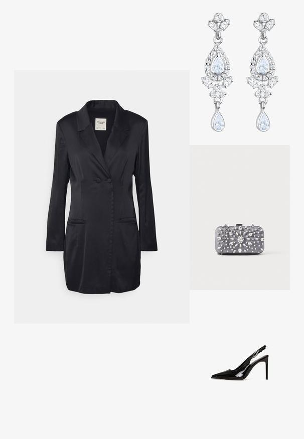 Abercrombie & Fitch LOW KEY PARTY DRESS - Cocktailkjole / festkjole - black beauty; Sort patentlæder slingback hæl med spids tå og stiletto hæl. Har et udsnit design og justerbar rem med metalhardware.; Lille rektangulær mørkegrå clutch pyntet med klare rhinsten i et strålende mønster og en sølvkæde som strop.; Elli ANTIQUE DROP - Øreringe - weiß