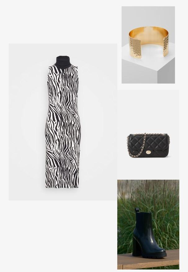 Schwarz-weißer, zebra-bedruckter, ärmelloser Kleid mit hohem Kragen und schlankem Design, aus einem glatten, weicheren Stoff.; Schwarze, glänzende Leder-Ankle-Boots mit klobigem hohen Absatz und Zuglasche, präsentiert auf einer Holzoberfläche vor einem Hintergrund aus hochgewachsenem grünem Gras.; Schwarze gesteppte Handtasche aus Leder mit einem goldfarbenen Kettenriemen und einem goldenen Verschluss. Kompakte rechteckige Form mit einem Klappdeckel.; Pieces PCPANNY BRACELET CUFF - Armband - gold-coloured
