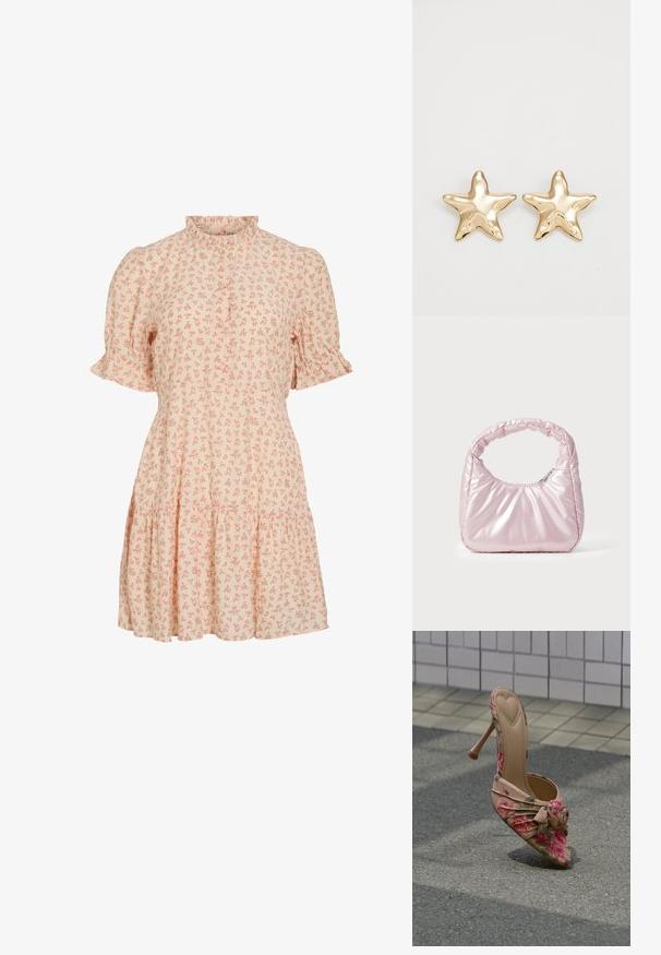 Robe courte beige clair avec petit imprimé floral rose, col montant à volants, manches courtes bouffantes avec poignets volantés et fermeture à boutons sur le devant.; Chaussure à talons hauts à imprimé floral, avec un bout pointu, fond nude, et un détail froncé à l'avant, agrémentée d'un accent de rose.; Sac à main rose rembourré avec un design arrondi, fabriqué à partir d'un matériau brillant. Dispose d'une poignée froncée et d'une fermeture éclair pour un accès sécurisé.; Boucles d'oreilles en forme d'étoile dorée avec une finition lisse et brillante et un design tridimensionnel, comportant cinq pointes et une texture légèrement incurvée.