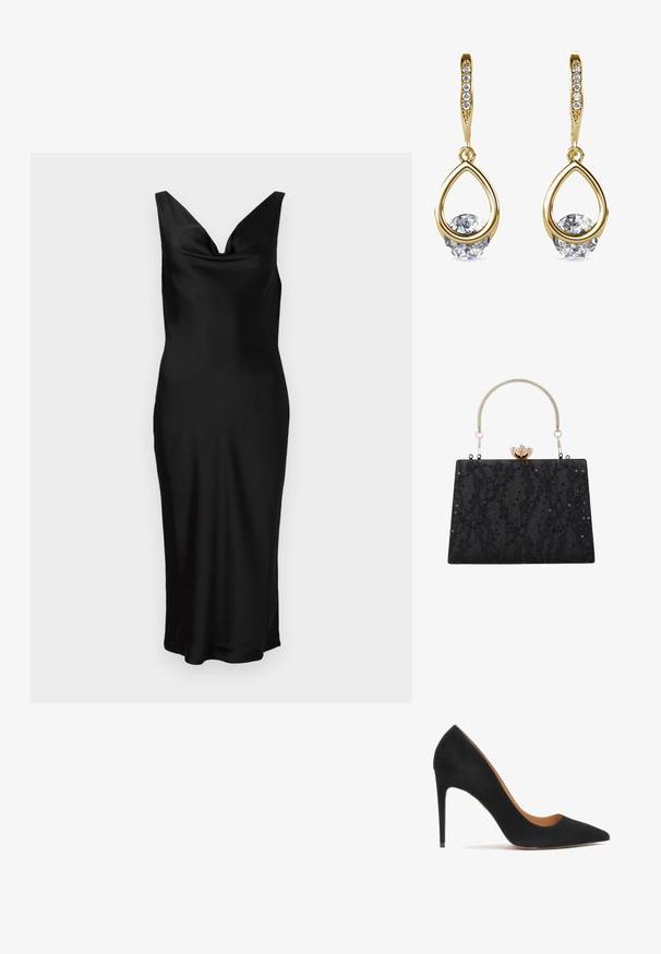 Schwarzes Satin-Kleid mit V-Ausschnitt und ärmellosem Design. Die figurbetonte Passform zeichnet sich durch ein drapiertes Oberteil aus und reicht bis zur Mitte der Waden. Glatter Stoff.; Schwarze Wildleder-Pumps mit hohen Absätzen und spitzem Zehenbereich, glatter Oberfläche und eleganter Silhouette. Sie verfügen über einen schlanken Stiletto-Absatz und offene Seiten.; Schwarze rechteckige Handtasche mit strukturierter floraler Spitze, kleinen schwarzen Pailletten, goldfarbenem Verschluss mit klarem Edelstein und silbernem oberen Griff.; Goldene Tropfenohrringe mit runden, klaren Edelsteinen an der Basis. Texturierter Oberbereich mit kleinen, runden Akzenten entlang des Creolen.