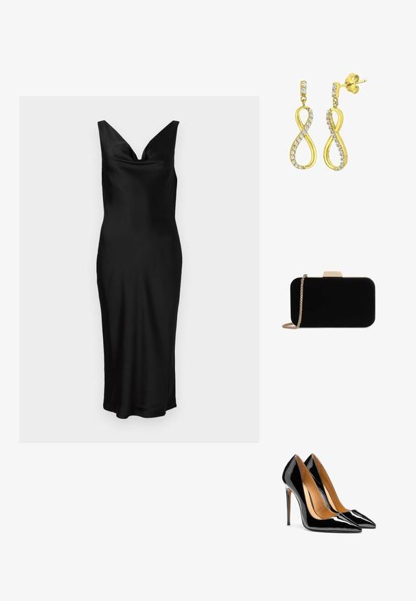 Vestido de satén negro con escote en V y diseño sin mangas. El ajuste ceñido presenta un cuerpo drapeado y cae hasta la mitad de la pantorrilla. Textura suave.; Par de tacones altos de charol negro brillante con punta afilada, tacones de aguja y forro interior color beige sobre fondo blanco.; Clutch de terciopelo negro con herrajes en tono dorado, de forma rectangular y con correa de cadena, que presenta una textura suave y sin patrones visibles.; Pendientes en tono dorado con forma de símbolo de infinito estilizado, adornados con cristales transparentes de corte redondo a lo largo de los bordes. Cierre a presión.
