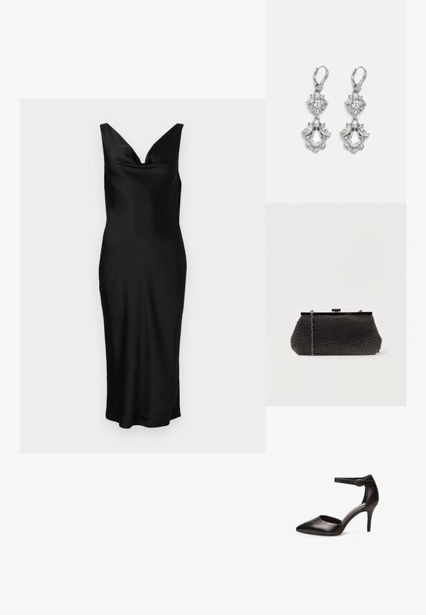 Vestido de satén negro con escote en V y diseño sin mangas. El ajuste ceñido presenta un cuerpo drapeado y cae hasta la mitad de la pantorrilla. Textura suave.; Zapato de tacón alto de cuero negro con punta afilada, tira en el tobillo y tacón delgado. Textura suave y hardware minimalista.; Bolso de mano negro de malla con una silueta estructurada, adornado con pequeños tachuelas metálicas, que cuenta con un cierre de broche y una correa de cadena desmontable.; Pendientes de tono plateado que presentan múltiples piedras de cristal transparente en formas de lágrima y marquesa, con cierres de palanca y un detallado intrincado.