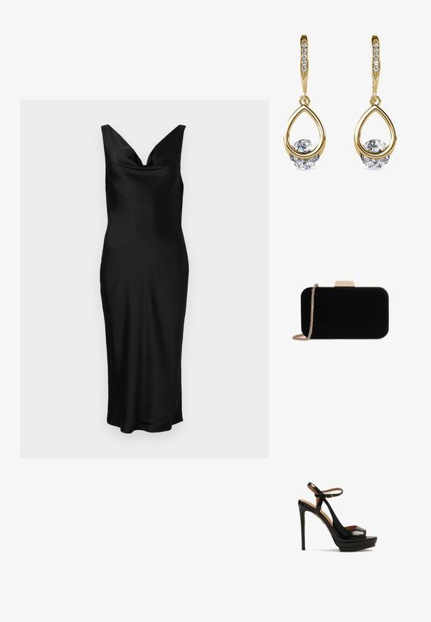 Schwarzes Satin-Kleid mit V-Ausschnitt und ärmellosem Design. Die figurbetonte Passform zeichnet sich durch ein drapiertes Oberteil aus und reicht bis zur Mitte der Waden. Glatter Stoff.; Schwarze High-Heel-Sandale mit offenem Zeh, Knöchelriemen, glänzendem Leder, Plattformsohle und Stiletto-Absatz. Mit goldenen Hardware-Details.; Schwarze Samt-Clutch mit goldfarbener Hardware, rechteckiger Form und Kettenriemen, mit glatter Textur und ohne sichtbare Muster.; Goldene Tropfenohrringe mit runden, klaren Edelsteinen an der Basis. Texturierter Oberbereich mit kleinen, runden Akzenten entlang des Creolen.