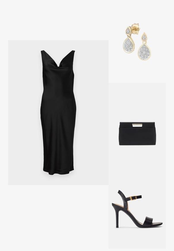 Schwarzes Satin-Kleid mit V-Ausschnitt und ärmellosem Design. Die figurbetonte Passform zeichnet sich durch ein drapiertes Oberteil aus und reicht bis zur Mitte der Waden. Glatter Stoff.; Schwarze Sandalen mit hohen Absätzen und glattem Leder-Obermaterial, offene Zehenpartie und einem Design mit einem einzigen Riemen, verziert mit einer goldenen Schnalle.; Schwarze Leder-Clutch mit rechteckiger Form. Verfügt über einen metallischen Griffakzent am Verschluss, eine glatte Textur und ein minimalistisches Design.; Tropfenohrringe mit einem goldenen Rahmen und silbernen Akzenten, verziert mit mehreren kleinen, runden glitzernden Steinen in einer dekorativen Anordnung.