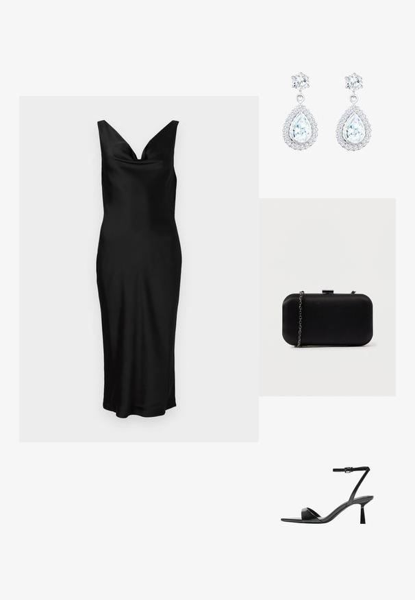 Schwarzes Satin-Kleid mit V-Ausschnitt und ärmellosem Design. Die figurbetonte Passform zeichnet sich durch ein drapiertes Oberteil aus und reicht bis zur Mitte der Waden. Glatter Stoff.; Bershka High Heel Sandalette - black; Schwarze rechteckige Clutch aus glattem Material. Verfügt über einen abnehmbaren Kettenriemen und einen metallischen Verschluss oben. Einfaches Design mit abgerundeten Kanten.; Silberne Tropfenohrringe mit einem tropfenförmigen klaren Stein, umgeben von kleineren klaren Steinen, und einem runden Stein oben.