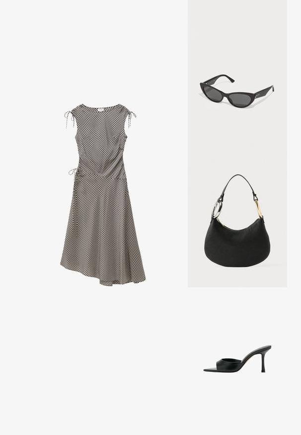Robe midi sans manches à carreaux noir et blanc avec liens ajustables aux épaules et à la taille, ourlet asymétrique, taille cintrée.; Mules noirs en cuir à bout ouvert avec un design courbé et un talon aiguille. Texture lisse et style minimaliste, avec une découpe à l'avant.; Lunettes de soleil noires en forme d'œil de chat avec des verres sombres, monture en plastique brillant et branches effilées avec un logo discret sur la branches.; Sac à main en cuir noir avec une finition texturée. Présente une forme incurvée, une fermeture éclair et une garniture métallique bicolore sur la sangle.