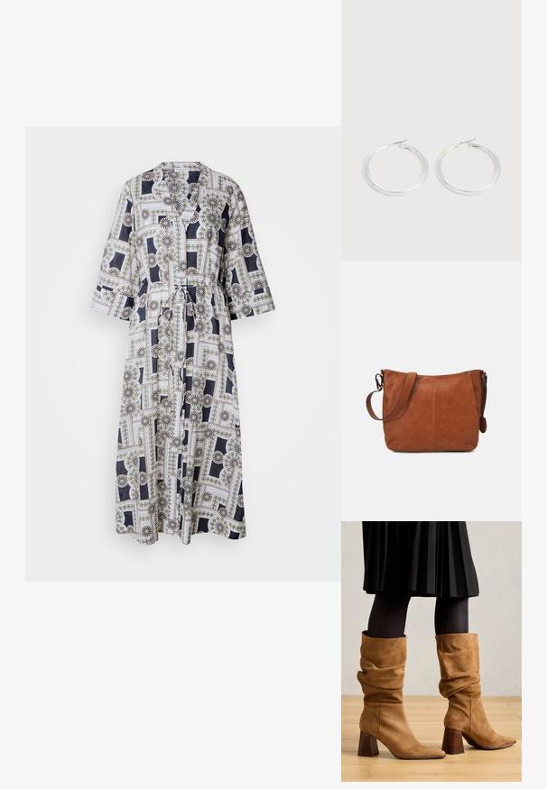 Robe longue à ceinture en tissu léger, ornée d'un motif floral géométrique en marine, blanc et accents dorés. Manches trois-quarts.; Bottines en suédine marron, coupées à la cheville et à bouts pointus, avec des talons en bois empilés. Portées avec des collants noirs et une jupe noire plissée.; Sacoche en cuir brun avec une forme incurvée, une sangle ajustable et des détails de couture minimaux, offrant un intérieur spacieux.; Paire de boucles d'oreilles créoles argentées brillantes avec fermoirs en fil fin, présentée sur un fond gris clair.