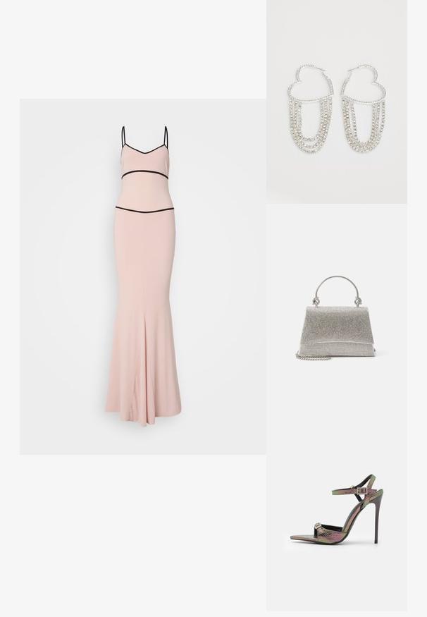 Roze aansluitende jurk met een rok die onderaan uitloopt. Voorzien van dunne zwarte bandjes en een contrasterende zwarte tailleband. Gladde textuur.; Hoge hakken sandaal met een multifunctioneel, textuur snake print in verschillende kleuren. Voorzien van verstelbare enkelbandjes en een puntige neus ontwerp.; ALDO FELISIA - Handtas - silver-coloured; Zilveren oorringen in de vorm van een hart, versierd met watervalletjes van heldere rhinestones voor extra sprankeling en textuur.