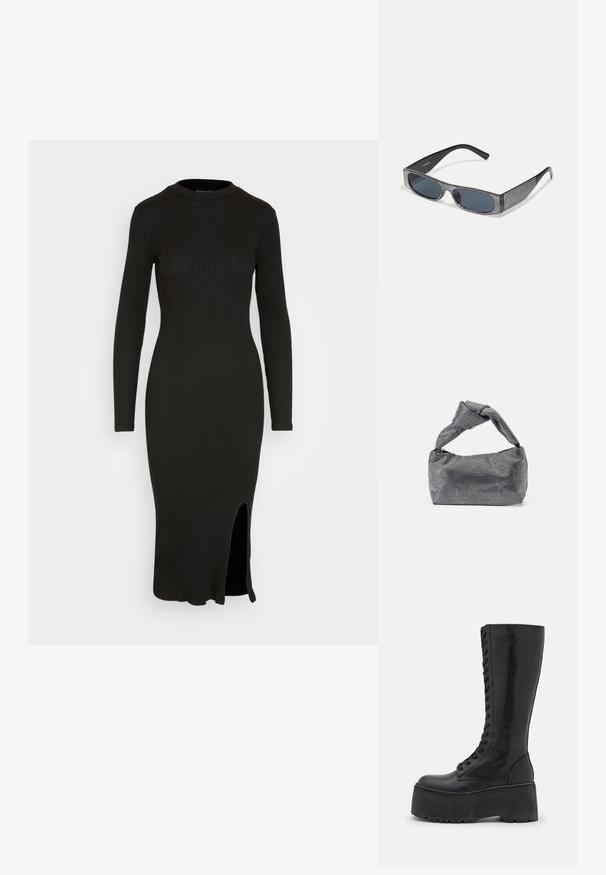 Schwarzes geripptes Strickkleid mit langen Ärmeln, hohem Ausschnitt und seitlichem Schlitz am Saum. Figurbetontes Design, glatte Textur und knielange Länge.; Zign LEATHER - Schnürstiefel - black; Schwarze Sonnenbrille mit grauen Gläsern, versehen mit einem Rastermuster aus kleinen metallischen Strasssteinen entlang der Fassung. Glatte Oberfläche, kantiges Design.; Schwarz-silberne Handtasche mit einer strukturierten Oberfläche, die ein Diamantmuster aufweist, einem geknoteten Griff und einer strukturierten Form.