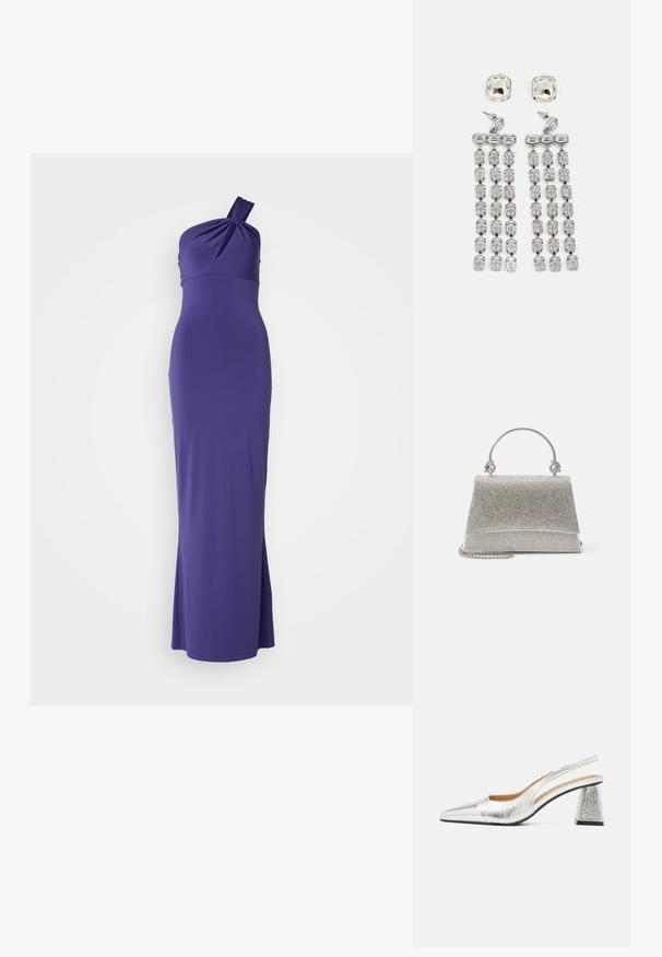 Lilla kjole med én skulder, lavet af glat stof. Tætsiddende silhuet med en snoet knudedetalje ved skulderen og en subtil flare ved kanten.; Sølv slingback stiletto med spids tå, teksturelt metallic finish og en triangulær blokhæle. Indersiden har brune læderdetaljer.; ALDO FELISIA - Håndtasker - silver-coloured; Krystal dråbeøreringe med sølvfarvet hardware, der har en kvadratisk stud og kaskader af rektangulære og oktagonale krystaller.