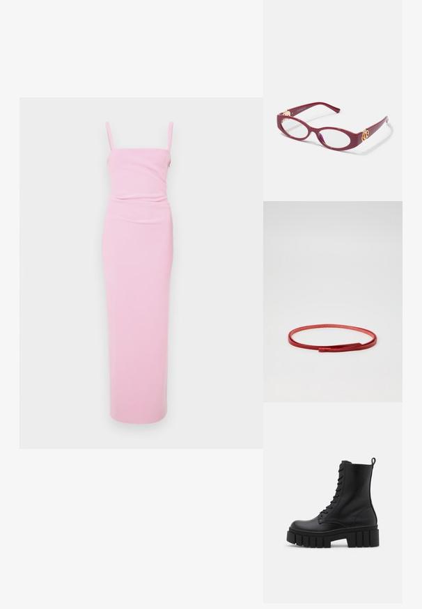 Rosa, eng anliegendes Maxikleid mit Spaghettiträgern, das ein gerafftes Design an der Taille aufweist. Glatte Textur, minimalistischer Stil, keine sichtbaren Muster.; Schwarze Lederknöchelstiefel mit klobiger, gerippter Sohle, Schnürung vorne und Zuglasche auf glattem weißen Hintergrund.; Rote Kunststoff-Brille mit ovalem Rahmen und klaren Gläsern. Ausgestattet mit goldenen Hardware-Details an den Bügeln und einem schlanken, modernen Design.; Vanzetti Gürtel - rot