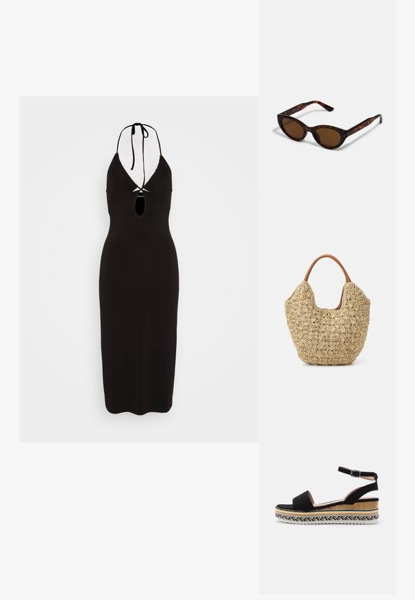 Even&Odd by Zalando Jerseykjole - black; Sort ruskindsandal med en bred rem, ankelspænde og en lagdelt kilehæl med naturlige teksturer og et flettet mønster.; Brune skildpadde solbriller med en vintage katteøje-form og brune linser. Har buede arme med røde detaljer.; Vævet stråtasker med en naturlig tekstur og en blød, organisk form, der har brune læderhåndtag for nem bæring.