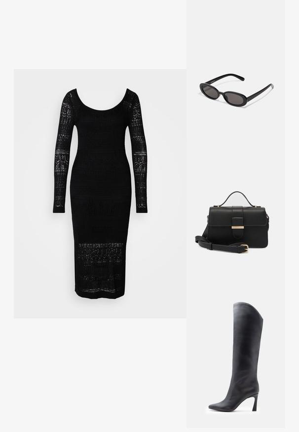 Schwarzes Strickkleid mit langen Ärmeln, weitem Ausschnitt, figurbetontem Schnitt und Durchbrüchen entlang des Oberkörpers und der Ärmel.; Schwarzer kniehoher Stiefel aus Leder mit spitzer Zehe und schlankem Absatz. Glatte Textur und minimalistisches Design, mit einem hohen Schaft ohne Verzierungen.; Even&Odd Sonnenbrille - black; Schwarze Lederhandtasche mit goldenen Metallakzenten, rechteckige Form, Klappenverschluss, verstellbarer Schultergurt, glatte Textur, minimalistisches Design.