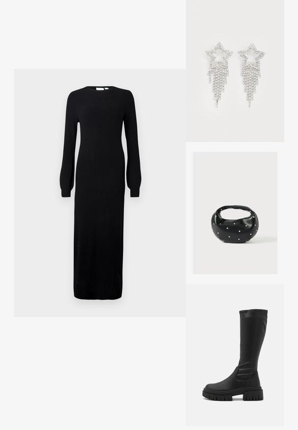 Robe tricotée noire à manches longues, avec un col rond, une silhouette droite et une texture côtelée, atteignant en dessous des chevilles.; Even&Odd Bottes à plateau - black; Sac à main en cuir noir de forme arrondie, décoré de clous argentés et équipé d'une poignée courte. Texture lisse et fermeture éclair.; Boucles d'oreilles en strass en forme d'étoile avec des détails de franges en cascade, présentant une teinte argentée et une surface brillante et réfléchissante. Forme d'étoile avec un design complexe.