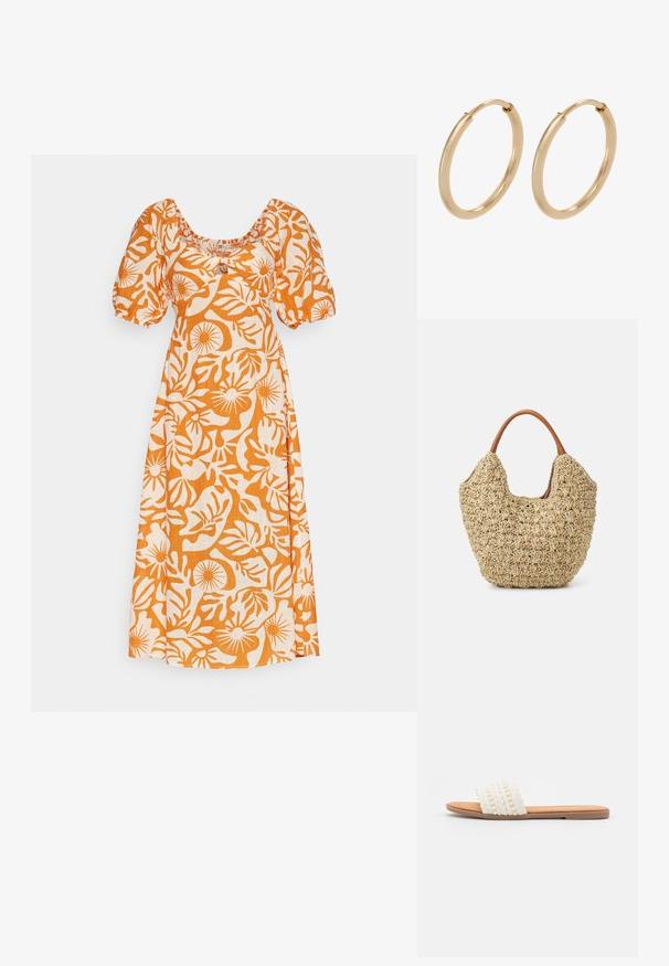 Vestido de estampado floral en color naranja y blanco, con escote cuadrado, mangas cortas abullonadas y corte relajado. Fabricado en tela ligera.; Sandalia deslizante blanca tejida con textura trenzada y cuentas decorativas, que cuenta con una plantilla suave en tono marrón y suela plana de goma.; Bolsa de tote de paja trenzada con una textura natural y una forma suave y orgánica, con asas de cuero marrón para un fácil transporte.; Pendientes de aro de oro con un acabado suave y pulido. Forma redondeada, tamaño mediano, con un mecanismo de cierre seguro.