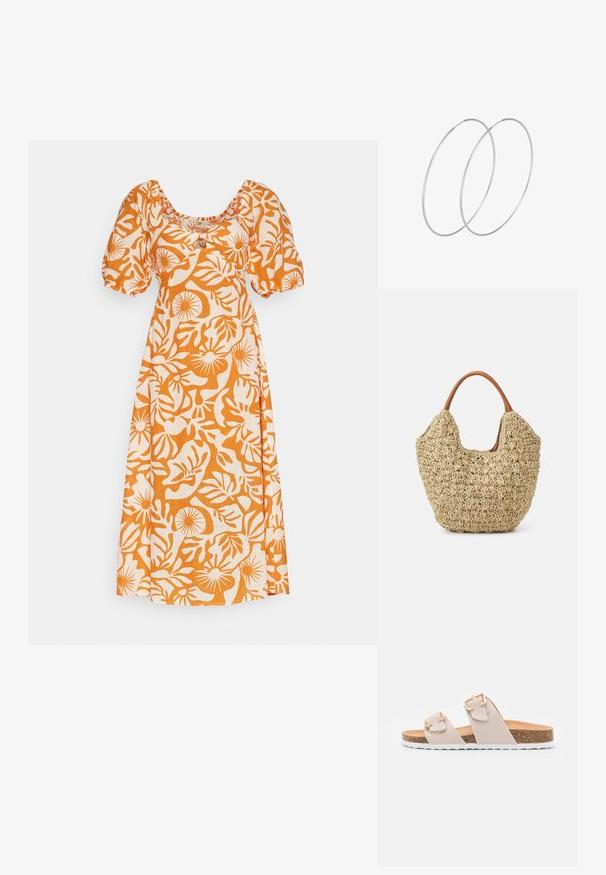 Vestido de estampado floral en color naranja y blanco, con escote cuadrado, mangas cortas abullonadas y corte relajado. Fabricado en tela ligera.; Sandalias deslizantes beige con dos correas ajustables y hebillas en tono dorado. Plantilla de corcho con una suela exterior de goma blanca texturizada.; Bolsa de tote de paja trenzada con una textura natural y una forma suave y orgánica, con asas de cuero marrón para un fácil transporte.; Pendientes de aro plateados con un diseño minimalista. Forma circular, textura suave y perfil delgado. Livianos con un acabado pulido.