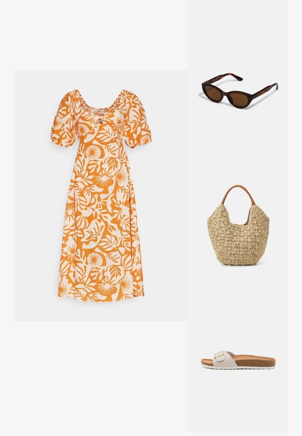 Vestido de estampado floral en color naranja y blanco, con escote cuadrado, mangas cortas abullonadas y corte relajado. Fabricado en tela ligera.; Chancla deslizante gris claro con una correa texturizada y una hebilla dorada. Cuenta con una plantilla de corcho y una suela de goma blanca con un patrón de zigzag.; Gafas de sol de carey marrón con una forma vintage de ojo de gato y lentes marrones. Presentan brazos curvados con acentos rojos.; Bolsa de tote de paja trenzada con una textura natural y una forma suave y orgánica, con asas de cuero marrón para un fácil transporte.