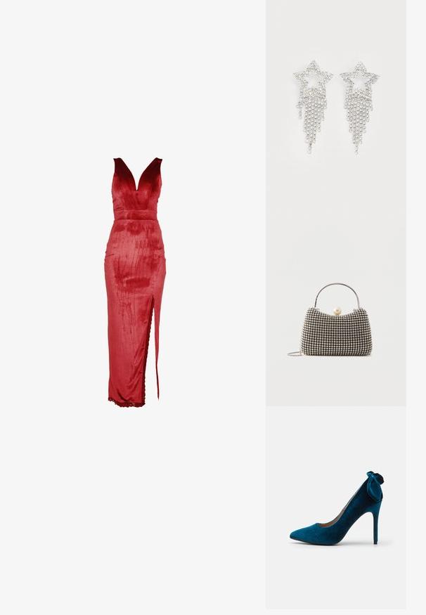 Rode fluwelen jurk met een diepe V-hals, nauwsluitend lijfje en een split aan de zijkant. Het ontwerp heeft een gladde textuur en kanten rand aan de zoom.; Anna Field by Zalando Klassieke pumps - dark blue; Kleine handtas met zilverkleurig rasterpatroon, gebogen handvat, grote parel sluiting en een dunne zilveren kettingriem op een effen achtergrond.; Rhinestone ster oorbellen met waterval franje, in een zilverkleurige tint en een glanzend, reflecterend oppervlak. Stervorm met ingewikkeld ontwerp.