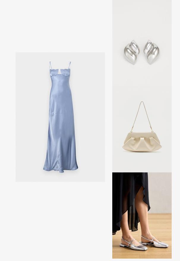 Vestido largo hasta el suelo de satén azul claro con tirantes de espagueti y copas estructuradas, con un pequeño recorte debajo del busto.; Zapatos planos metálicos plateados con diseño de punta cuadrada, tira trasera y acentos recortados. Textura suave sobre un suelo de madera.; Bolso de mano suave de color crema con pliegues recogidos y una correa delgada para el hombro con herrajes dorados.; Pendientes de plata con una forma orgánica y abstracta. Superficie lisa y brillante con un diseño cónico. Presentan suaves curvas y un detalle de línea central.