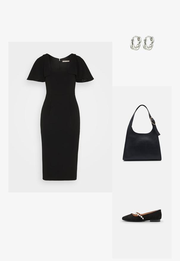 Robe midi noire avec un décolleté carré, des manches courtes évasées et une coupe ajustée. Fabriquée en tissu lisse, elle comporte une fermeture éclair au dos.; Ballerines en velours noir à bout pointu, dotées d'une strap décorative ornée de perles blanches et d'un petit talon.; Sac en cuir noir avec une texture lisse, un corps arrondi et une seule anse, ornée d'un accent en métal doré rond.; Boucles d'oreilles en argent avec un design texturé et organique. Chaque boucle d'oreille présente une forme lisse et arrondie ainsi qu'une finition polie.