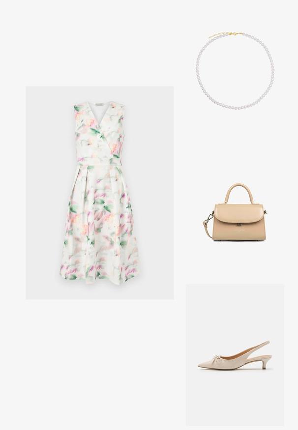 Mouwloze witte midi-jurk met pastel aquarel bloemenprint, V-hals wikkelbodysuit, getailleerde taille en geplooide rok.; Beige gepatineerde lederen slingback hakken met een spitse neus en een decoratieve strik op de wreef. Voorzien van een lage, slanke hak en een gladde textuur.; Beige leren handtas met een gestructureerd ontwerp, handvat aan de bovenkant en een afneembare schouderband. Voorzien van een klepsluiting en een metallic merkdetail.; Witte parelketting met een gouden sluiting. Bestaat uit gelijkmatig verdeelde parels met een gladde, reflecterende oppervlakte. Heeft een verstelbare ketting.