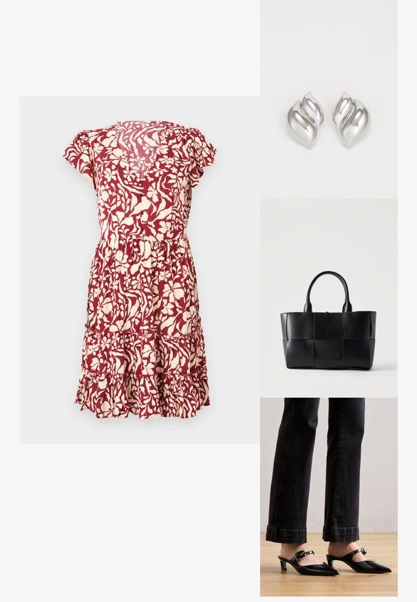 Vestido con estampado floral en burdeos y crema, con mangas cortas, cintura ajustada y un dobladillo con volantes en capas. Tejido ligero con un acabado texturizado.; Mules negros de punta puntiaguda con tacón bajo y una correa ajustable con hebilla. Material de cuero liso con acabado brillante.; Bolso tote de cuero negro con paneles grandes cuadrados tejidos y dos asas redondeadas sobre un fondo liso y claro.; Pendientes de plata con una forma orgánica y abstracta. Superficie lisa y brillante con un diseño cónico. Presentan suaves curvas y un detalle de línea central.
