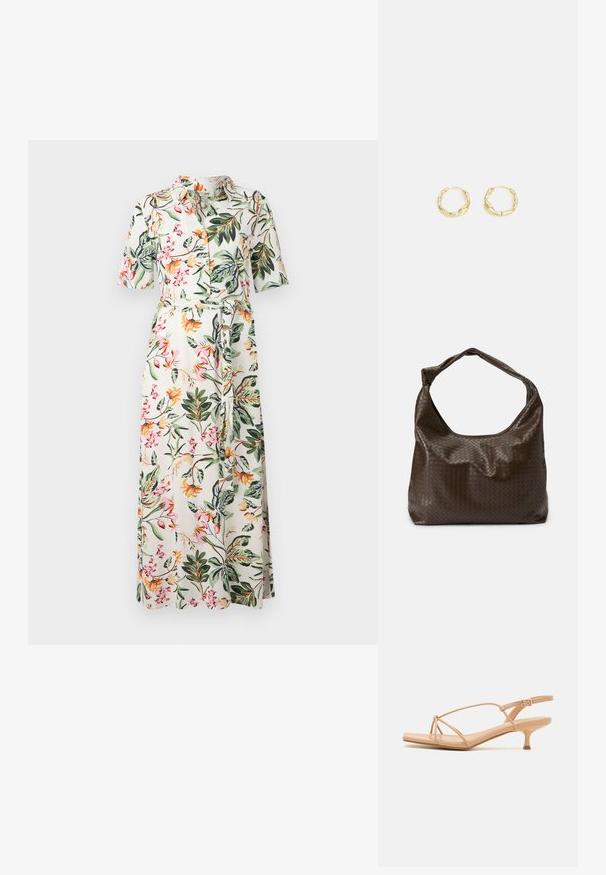 Vestido midi floral con mangas cortas, botones en la parte delantera y cinturón en la cintura. Presenta un fondo blanco con flores multicolores y hojas verdes.; Sandalias de tacón desnudas con tiras finas y un detalle de nudo. Presentan una punta afilada y un tacón de aguja para un diseño elegante.; Bolso de cuero trenzado marrón con una forma holgada, un solo asa y una superficie texturizada. Presenta un acabado suave y brillante y bordes redondeados.; Pendientes de aro de oro con una superficie texturizada e irregular. Presentan un diseño ligero y una forma circular, aptos para el uso diario.
