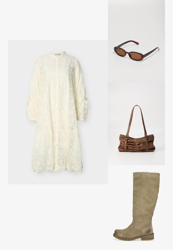 Longue robe blanche cassée brodée de fleurs avec ouverture à boutons sur le devant, manches longues ballons nouées aux poignets, et ourlet à volants.; Botte en suède beige, hauteur genoux, avec un bout arrondi et une finition texturée. Talon en bois marron, avec un détail de logo subtil près de la cheville.; Lunettes de soleil rondes teinte brun avec une monture bordeaux brillante. Branches fines avec un détail de marque subtil. Design de verres plats.; Even&Odd Sac à main - brown