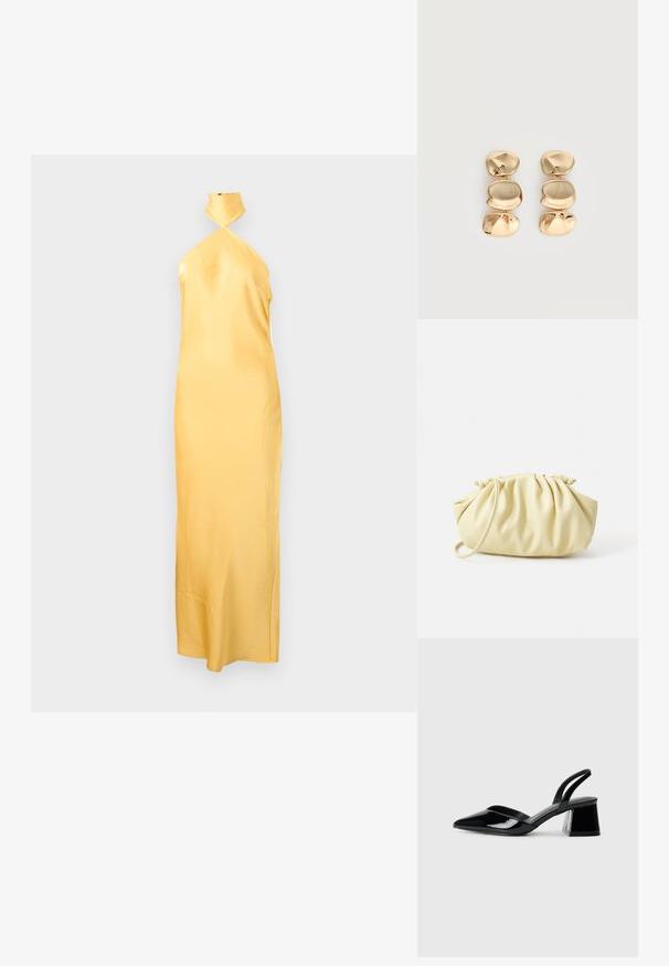 Lange satijnen halterjurk in bleekgeel met een aansluitend silhouet en een zoom tot op de enkel tegen een effen achtergrond.; Zwarte gepatineerde leren slingback hakken met een spitse neus en een geometrische blokhak. Kenmerkt zich door een slank, minimalistisch ontwerp en een gladde textuur.; Geel geplooide handtas van soepel nepleer, met een zachte vorm, een enkele schouderriem en een verzameld ontwerp aan de bovenkant.; Oorbellen in goudkleur met drie onregelmatige, gladde, afgeronde segmenten die verticaal opgestapeld zijn op een egale lichte achtergrond.