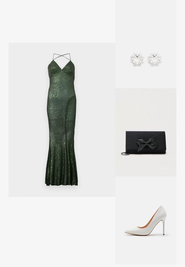 Groene avondjurk met pailletten, een getailleerde pasvorm, spaghetti bandjes en een uitlopende zoom, met verticale strepen van pailletten voor textuur.; Witte gepolijste leren hoge hakpump met een spitse neus en slanke stilettohak, met een gladde textuur en een beige interieur.; Zwarte clutch met een satijnen afwerking, voorzien van een gestructureerde metalen strikdetail. Inclusief een kettingriem voor veelzijdige draagopties.; Ronde oorbellen van metaal, voorzien van meerdere heldere, facetteerde stenen die in een sprankelend patroon zijn gerangschikt. Kleurloos en reflecterend.