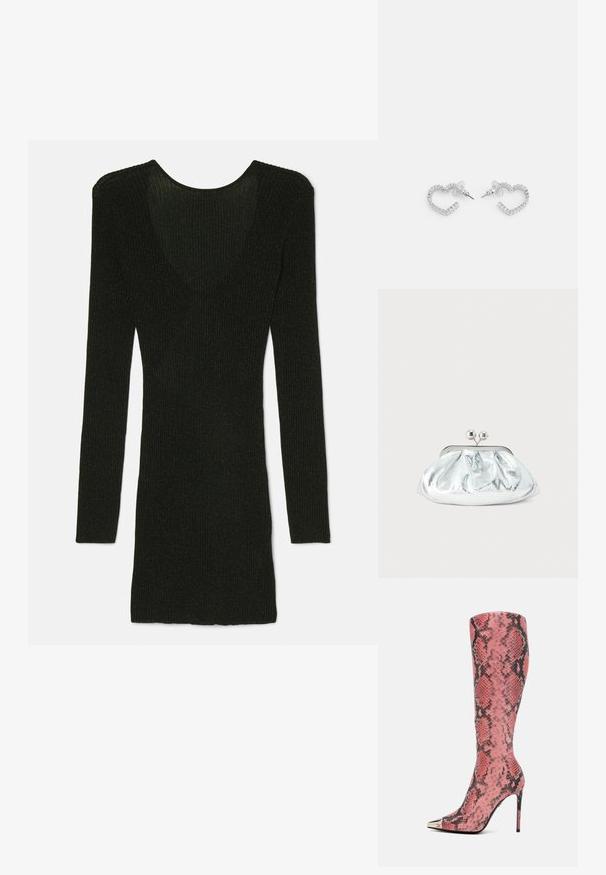 GCDS DEGRADE CLIP DRESS - Kampsunkleit - black; Roosa ja musta käärikute mustriga põlvini ulatuv saabas, millel on terav nina ja metallne aktsent kanna peal. Silus tekstuur ja korralik disain.; Väike hõbedane metallist õlalõikaja ümarate, volditud detailidega ja sulguriga, millel on kaks hõbedast palli.; Hernäidis kujulised kõrvarõngad, mis on valmistatud hõbedatooni metallist, ja mille servi kaunistavad selged ristkülikukujulised klaasikivid.