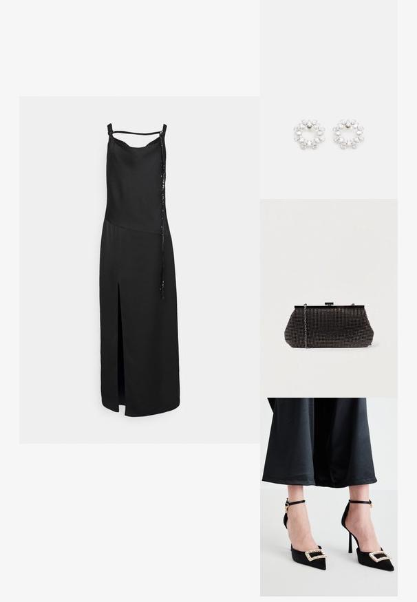 Sort ærmeløs kjole med en slid foran, der har en glat overflade og en dekorativ snørende detalje på den ene side. Enkel, minimalistisk design.; Sorte satin højhælede sko med spidse tæer, der har en dekorativ rhinesten spænde og tynde ankelremme.; Sort mesh clutch-taske med en struktureret silhuet, prydet med små metalstuds, har en låsemekanisme og en aftagelig kæderekke.; Cirkulære øreringe lavet af metal, prydet med flere klare, facetterede sten arrangeret i et funkende mønster. Farveløse og reflekterende.