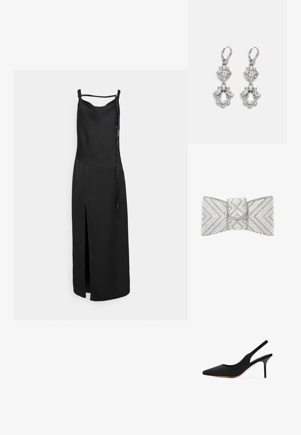 Zwarte mouwloze jurk met een voorknoop, met een gladde afwerking en een decoratieve strik aan één kant. Eenvoudig, minimalistisch ontwerp.; Zwarte slingback pump met een spitse neus, versierd met rhinestones. Heeft een elegant ontwerp, hoge stiletto hak en een gladde binnenvoering.; Clutch tas versierd met witte parels en zilveren kraaltjes in geometrische chevron- en diamantpatronen, klepsluiting in het midden.; Zilverkleurige oorbellen met meerdere heldere kristalgesteenten in druppel- en marquisevormen, met sluitingen met een leversysteem en ingewikkelde details.