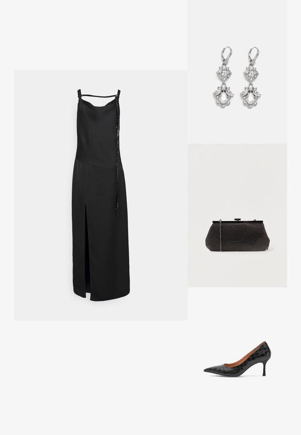 Zwarte mouwloze jurk met een voorknoop, met een gladde afwerking en een decoratieve strik aan één kant. Eenvoudig, minimalistisch ontwerp.; Woden Klassieke pumps - black; Zwarte mesh clutchbag met een gestructureerde silhouette, versierd met kleine metalen studs, heeft een sluiting met een klapmechanisme en een afneembare kettingriem.; Zilverkleurige oorbellen met meerdere heldere kristalgesteenten in druppel- en marquisevormen, met sluitingen met een leversysteem en ingewikkelde details.