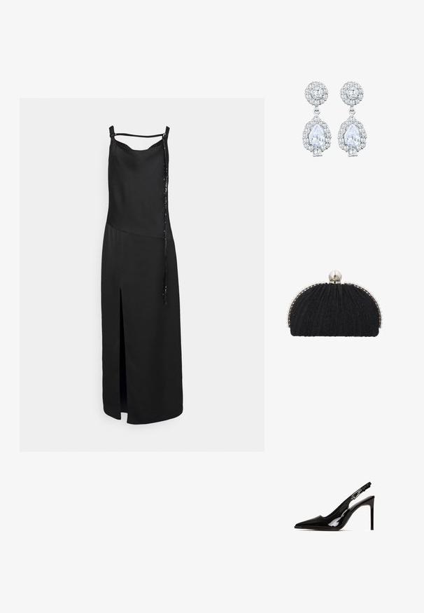 Sort ærmeløs kjole med en slid foran, der har en glat overflade og en dekorativ snørende detalje på den ene side. Enkel, minimalistisk design.; Sort patentlæder slingback hæl med spids tå og stiletto hæl. Har et udsnit design og justerbar rem med metalhardware.; Sort aftenclutch med tekstureret stof, indrammet af en række små perler og en stor perle-lukning på toppen.; Sølvfarvede øreringe med en rund stud med pavé-indstilling og en pæreformet dråbe omgivet af mindre sten, hvilket fremhæver en funkende effekt.
