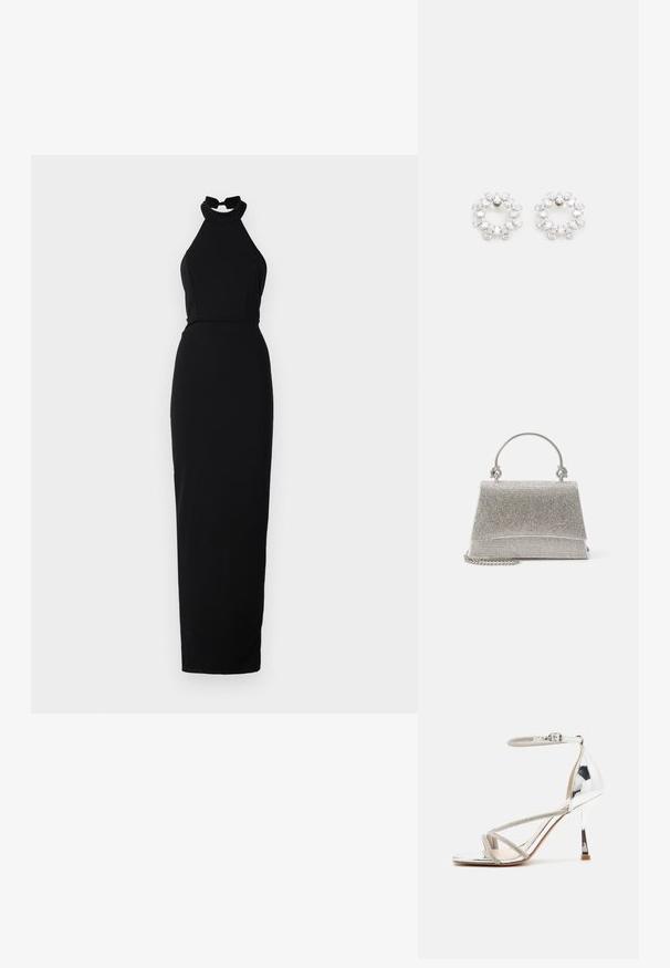 Robe noire à col halter en tissu lisse, présentant un corsage ajusté et une jupe longue au sol avec une silhouette élégante.; Sandale à talons hauts en argent avec un design à lanières, en matériau scintillant, accents en strass et une fine bride à la cheville. Bout carré et talon poli.; ALDO FELISIA - Sac à main - silver-coloured; Boucles d'oreilles circulaires en métal, ornées de plusieurs pierres transparentes et facettées disposées dans un motif étincelant. Incolores et réfléchissantes.