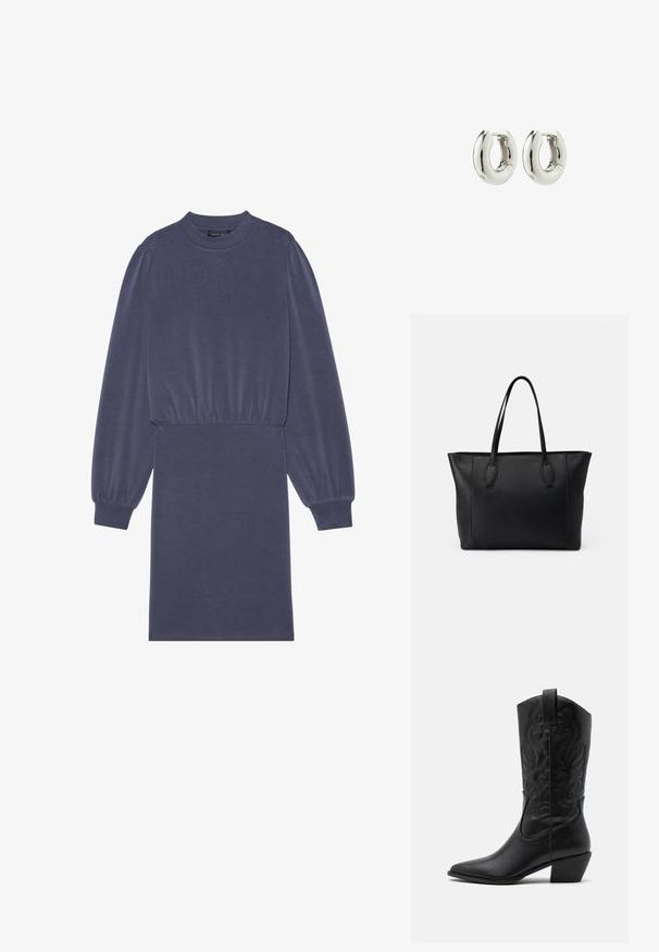 Mørkeblå langærmet kjole med rund hals, samlet talje og elastiske manchetter, lavet af et blødt, glat stof med et minimalistisk design.; Sorte læder cowboystøvler med spids tå, præget svungen mønster og en mid-højde hæl. Har en trækflap for nemt at tage på.; Sort læder tote bag med to robuste håndtag, der har en glat tekstur, rektangulær form og diskrete syningsdetaljer langs kanterne.; Sølvøreringe med en glat, afrundet design og en blank finish. Har en enkel hængselåbning for nem påføring.