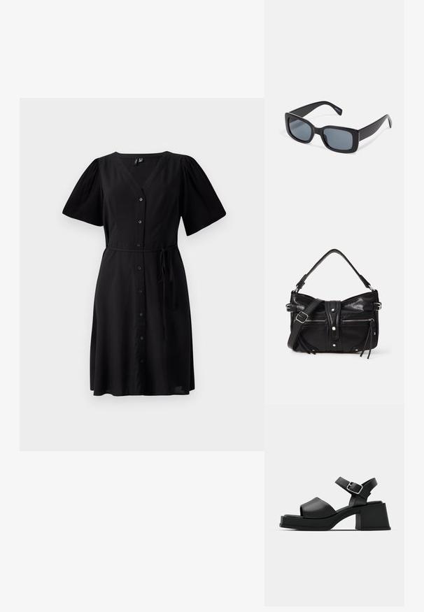 Vestido negro con escote en V, mangas cortas abullonadas, cierre de botones en la parte delantera y cinturón atado en la cintura. Tejido suave y diseño a la altura de la rodilla.; Sandalias de plataforma de cuero negro con diseño de puntera abierta, correa en el tobillo y un tacón cuadrado grueso. Textura suave y estilo minimalista.; Gafas de sol rectangulares negras con lentes oscuros, montura de plástico grueso y patillas anchas. Superficie lisa y diseño anguloso.; Even&Odd H24462 - Bolso de mano - black
