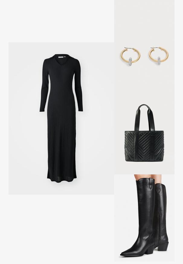 Musthave mustriba maxi kleit pikade varrukatega, v-kaelusega ning keha figureeriva lõikega, valmistatud pehmest, tekstureeritud kangast.; Kõrged mustad nahast saapad teravate ninade, plokk-kontsa ja külgmiste tõmblukkudega, kantud jalgadel heleda tausta ees.; Mustast õmmeldud chevron-mustrilise mustriga kandekott, millel on tasased sangad ja külgedel reljeefne bränding. Valmistatud siledast nahast.; Kuldse tooniga rõngakujulised kõrvarõngad, kummalgi väike hõbedase tooniga aasa detail, esitletud heleda halli tausta ees.